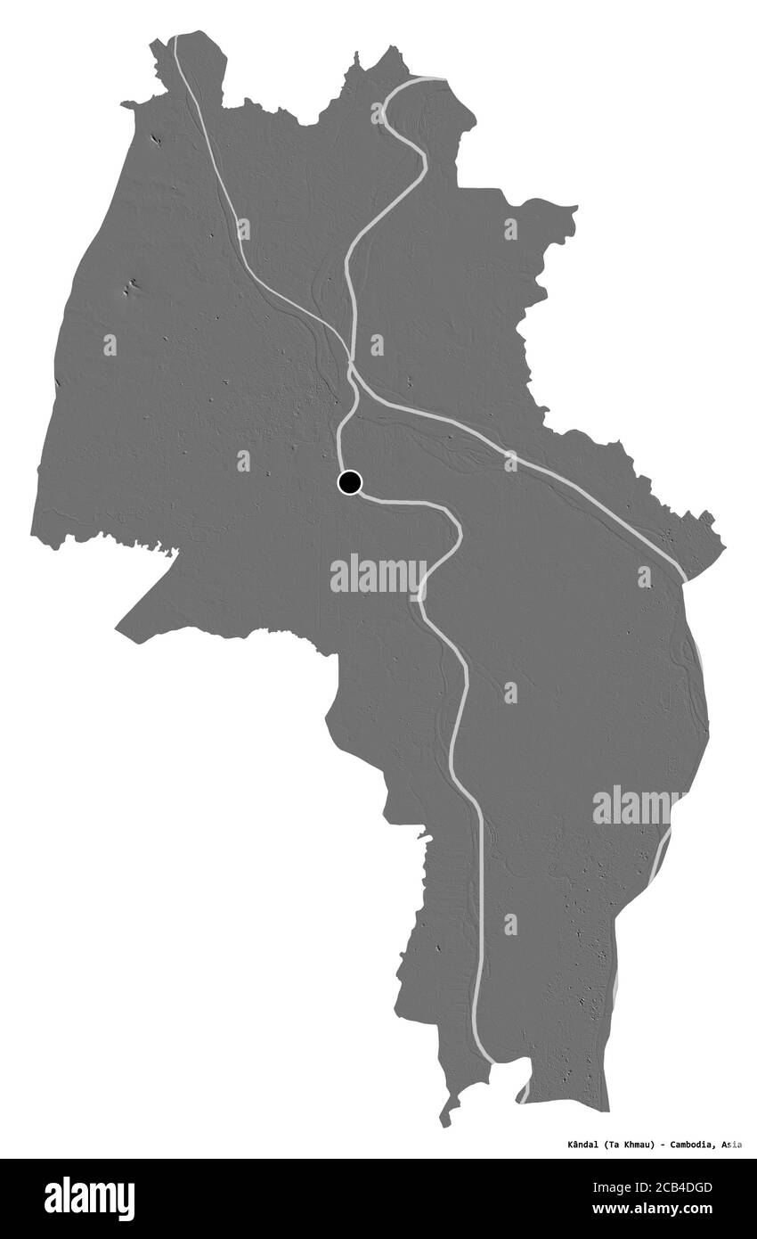 Forme de Kândal, province du Cambodge, avec sa capitale isolée sur fond blanc. Carte d'élévation à deux niveaux. Rendu 3D Banque D'Images