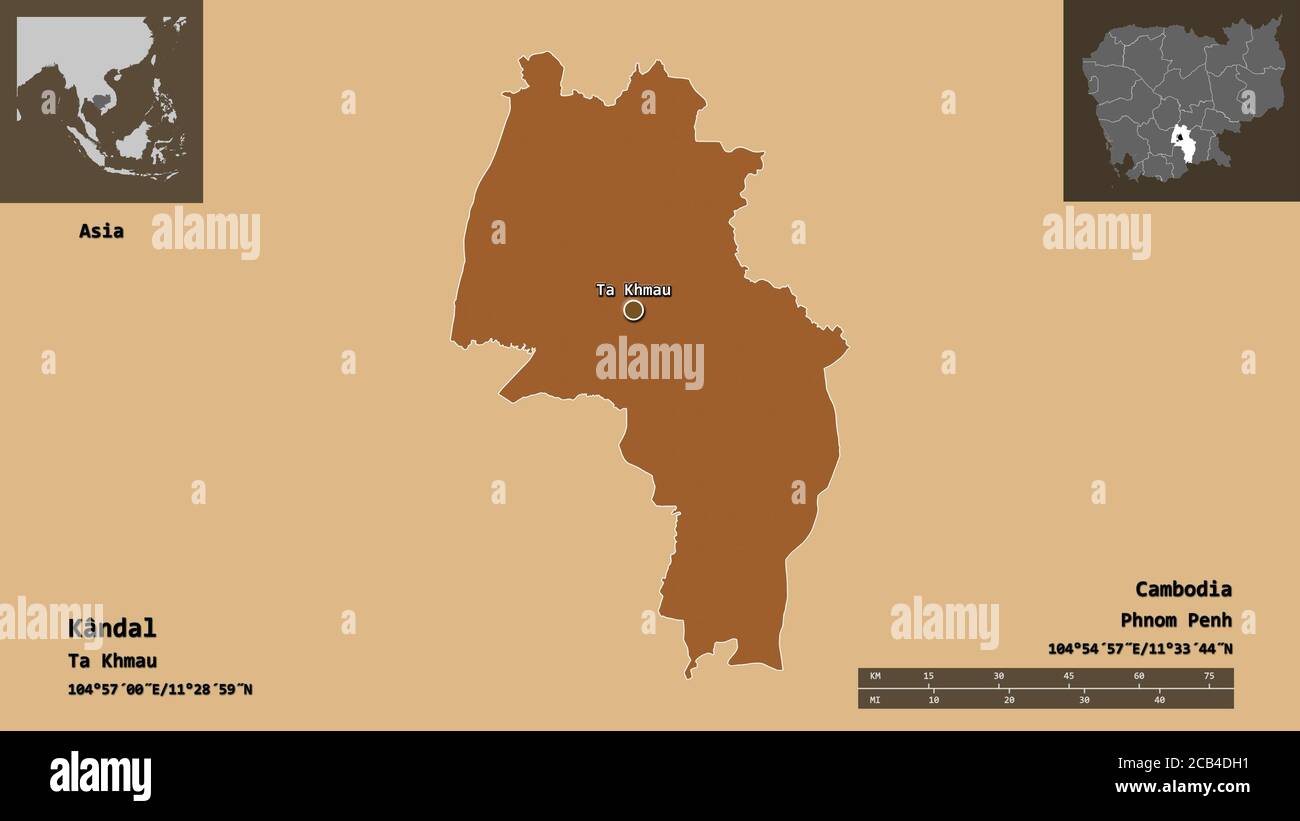 Forme de Kândal, province du Cambodge, et sa capitale. Echelle de distance, aperçus et étiquettes. Composition des textures répétées. Rendu 3D Banque D'Images