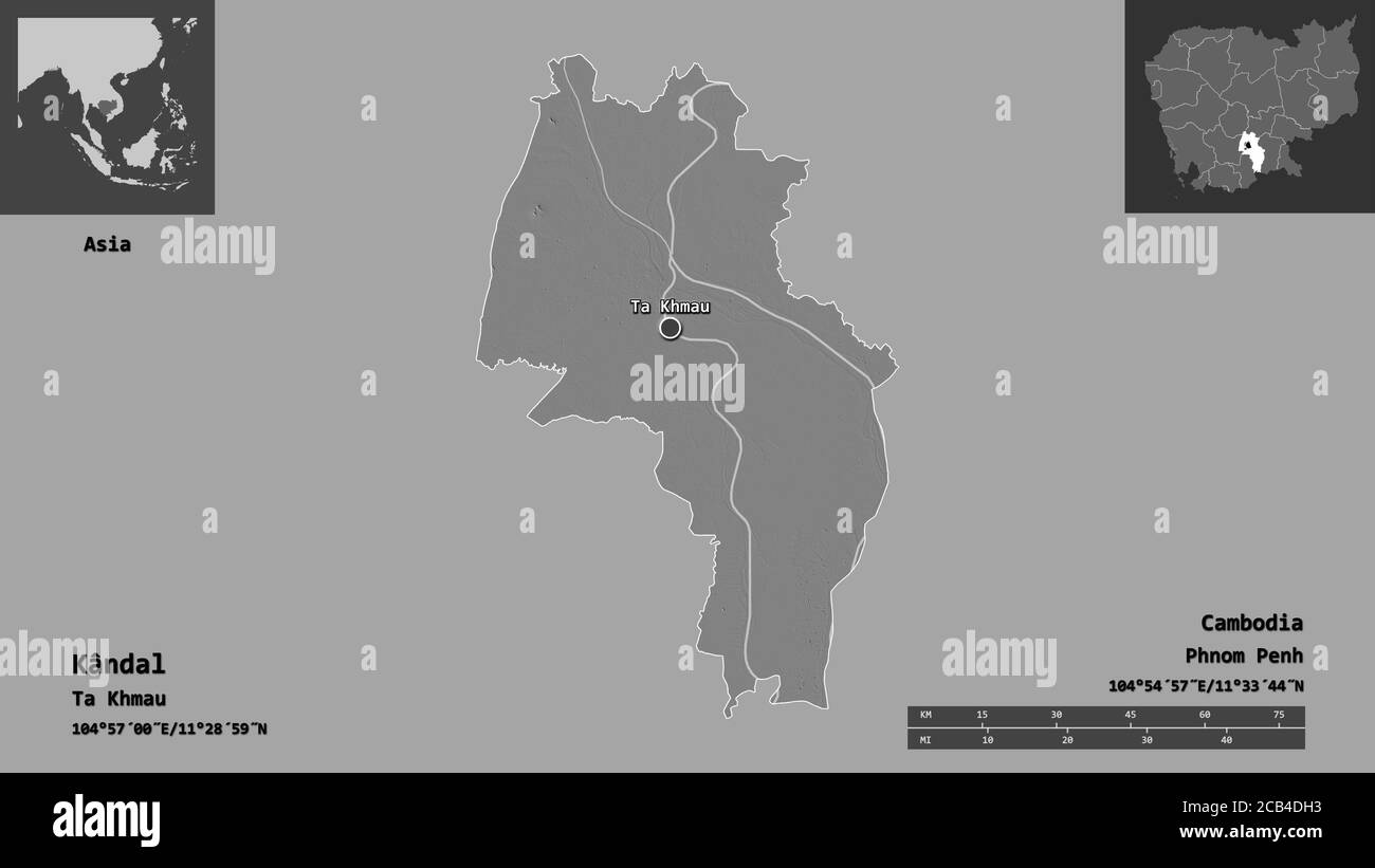 Forme de Kândal, province du Cambodge, et sa capitale. Echelle de distance, aperçus et étiquettes. Carte d'élévation à deux niveaux. Rendu 3D Banque D'Images