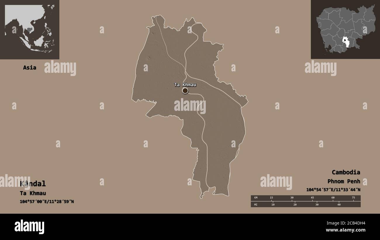 Forme de Kândal, province du Cambodge, et sa capitale. Echelle de distance, aperçus et étiquettes. Carte d'altitude en couleur. Rendu 3D Banque D'Images Forme de Kândal, province du Cambodge, et sa capitale. Echelle de distance, aperçus et étiquettes. Carte d'altitude en couleur. Rendu 3D Banque D'Images