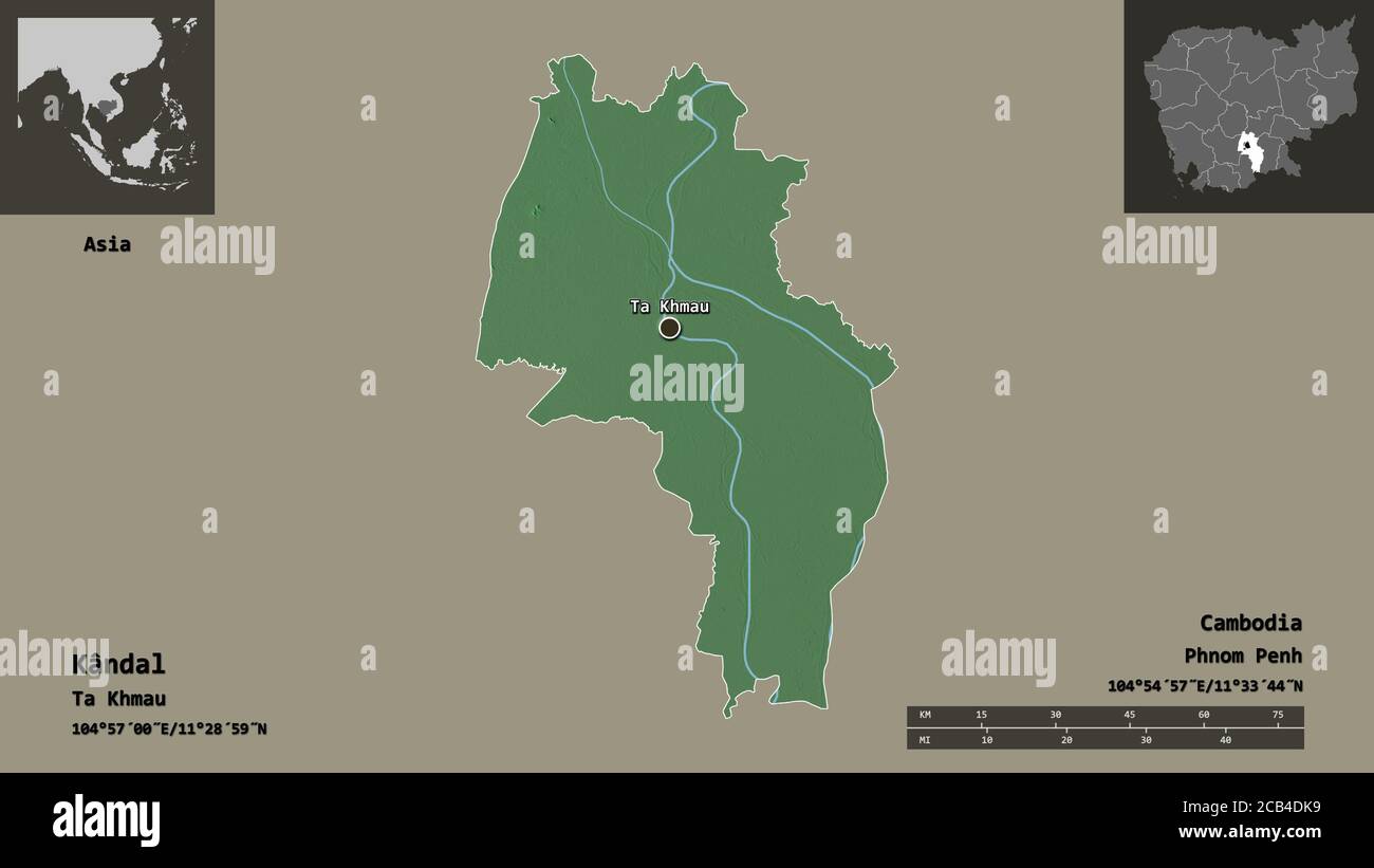 Forme de Kândal, province du Cambodge, et sa capitale. Echelle de distance, aperçus et étiquettes. Carte topographique de relief. Rendu 3D Banque D'Images Forme de Kândal, province du Cambodge, et sa capitale. Echelle de distance, aperçus et étiquettes. Carte topographique de relief. Rendu 3D Banque D'Images