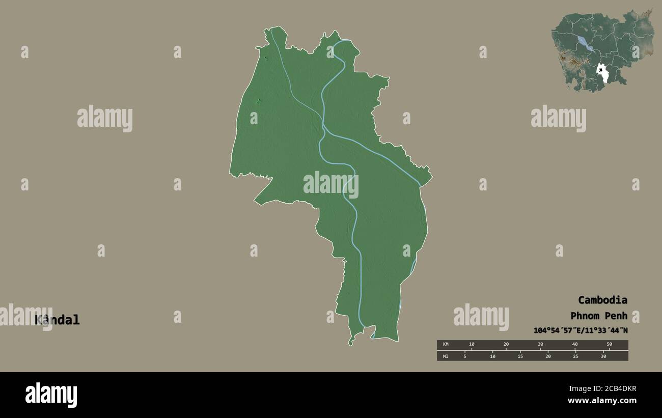 Forme de Kândal, province du Cambodge, avec sa capitale isolée sur fond solide. Échelle de distance, aperçu de la région et libellés. Relief topographique ma Banque D'Images Forme de Kândal, province du Cambodge, avec sa capitale isolée sur fond solide. Échelle de distance, aperçu de la région et libellés. Relief topographique ma Banque D'Images