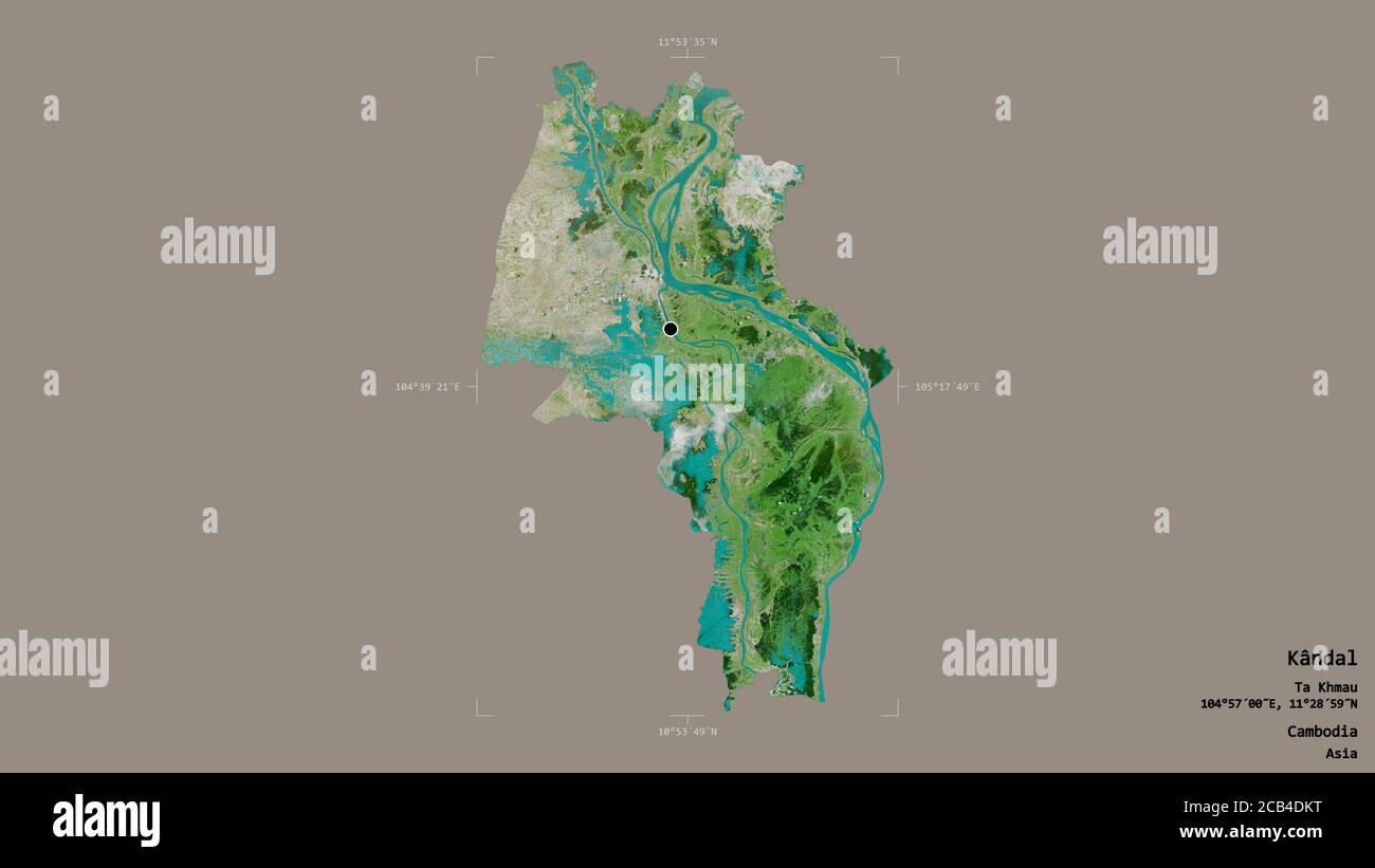 Zone de Kândal, province du Cambodge, isolée sur fond solide dans une boîte englobante géoréférencée. Étiquettes. Imagerie satellite. Rendu 3D Banque D'Images Zone de Kândal, province du Cambodge, isolée sur fond solide dans une boîte englobante géoréférencée. Étiquettes. Imagerie satellite. Rendu 3D Banque D'Images