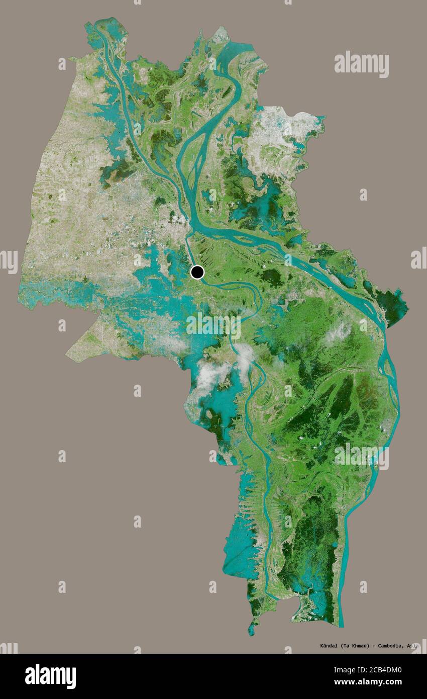 Forme de Kândal, province du Cambodge, avec sa capitale isolée sur un fond de couleur unie. Imagerie satellite. Rendu 3D Banque D'Images Forme de Kândal, province du Cambodge, avec sa capitale isolée sur un fond de couleur unie. Imagerie satellite. Rendu 3D Banque D'Images