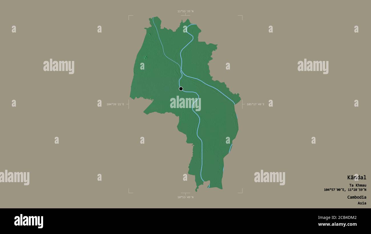 Zone de Kândal, province du Cambodge, isolée sur fond solide dans une boîte englobante géoréférencée. Étiquettes. Carte topographique de relief. Rendu 3D Banque D'Images Zone de Kândal, province du Cambodge, isolée sur fond solide dans une boîte englobante géoréférencée. Étiquettes. Carte topographique de relief. Rendu 3D Banque D'Images