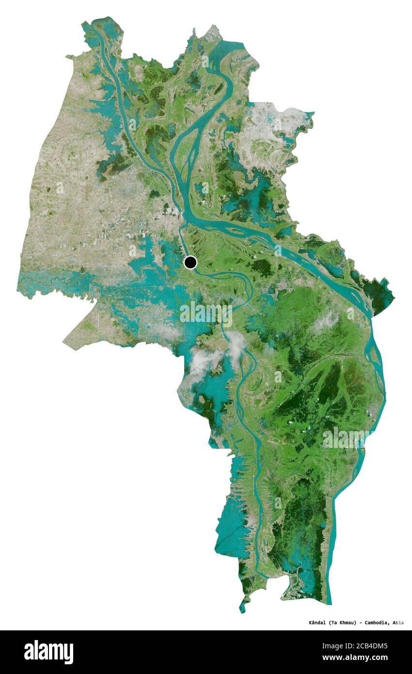 Forme de Kândal, province du Cambodge, avec sa capitale isolée sur fond blanc. Imagerie satellite. Rendu 3D Banque D'Images Forme de Kândal, province du Cambodge, avec sa capitale isolée sur fond blanc. Imagerie satellite. Rendu 3D Banque D'Images