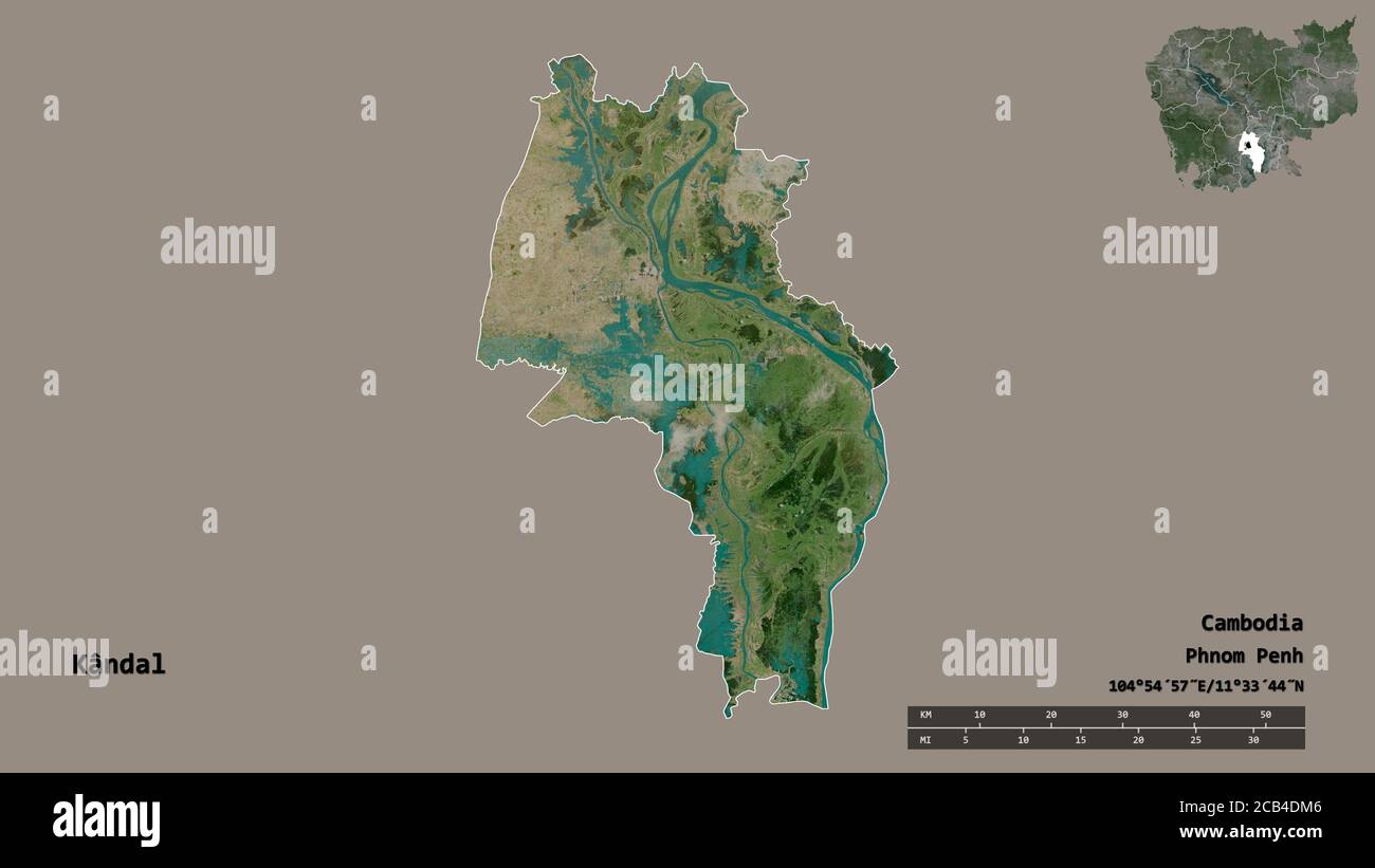 Forme de Kândal, province du Cambodge, avec sa capitale isolée sur fond solide. Échelle de distance, aperçu de la région et libellés. Imagerie satellite. 3D Banque D'Images Forme de Kândal, province du Cambodge, avec sa capitale isolée sur fond solide. Échelle de distance, aperçu de la région et libellés. Imagerie satellite. 3D Banque D'Images