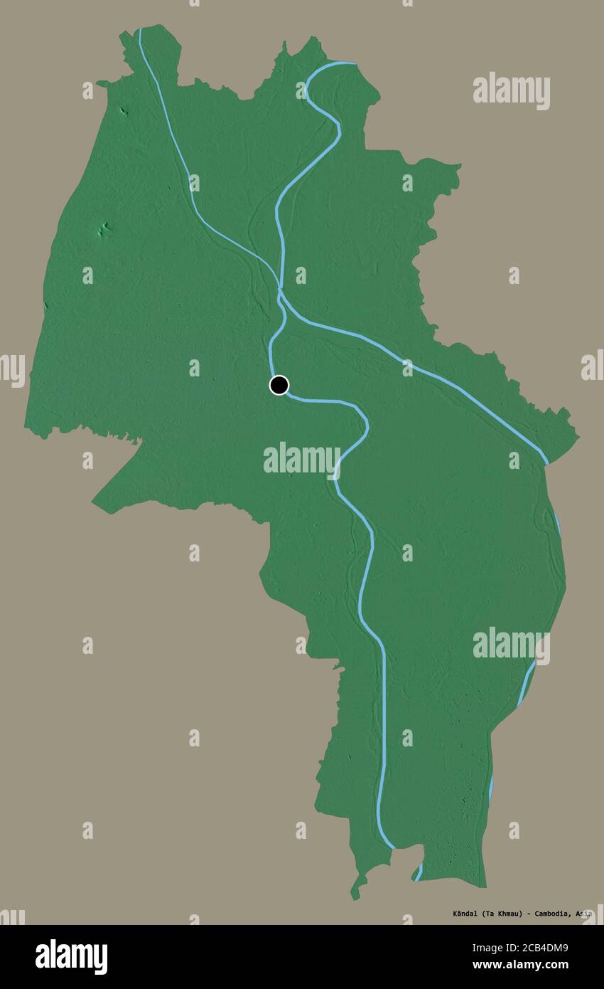 Forme de Kândal, province du Cambodge, avec sa capitale isolée sur un fond de couleur unie. Carte topographique de relief. Rendu 3D Banque D'Images Forme de Kândal, province du Cambodge, avec sa capitale isolée sur un fond de couleur unie. Carte topographique de relief. Rendu 3D Banque D'Images