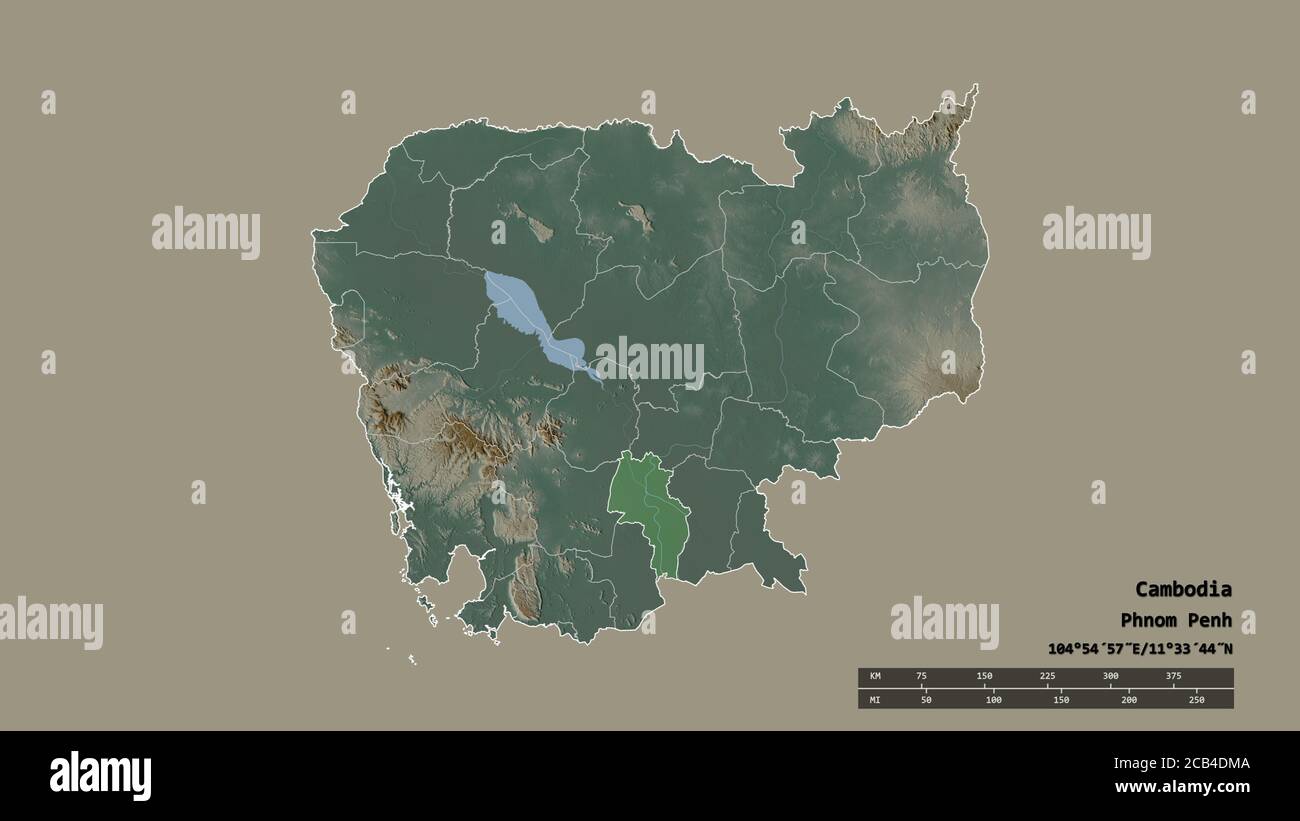 Forme désaturée du Cambodge avec sa capitale, sa principale division régionale et la région séparée de Kândal. Étiquettes. Carte topographique de relief. Rendu 3D Banque D'Images Forme désaturée du Cambodge avec sa capitale, sa principale division régionale et la région séparée de Kândal. Étiquettes. Carte topographique de relief. Rendu 3D Banque D'Images