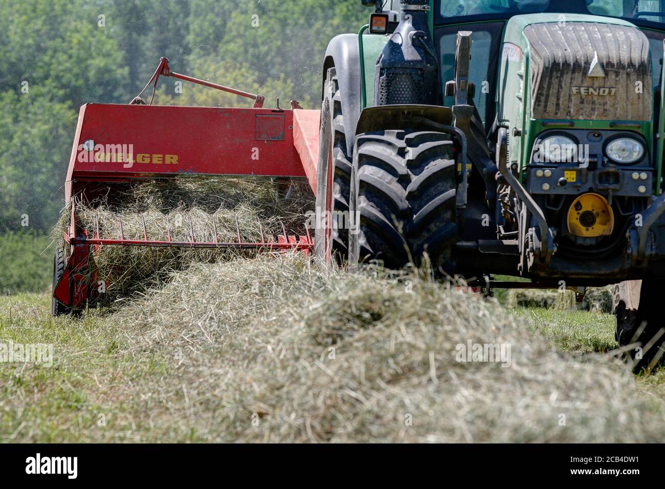 Trossingen, Allemagne, 25 juin 2020. Grâce à sa technologie solide, la presse à balles Welger traite de manière fiable le foin sec en balles, même après quarante ans. Banque D'Images
