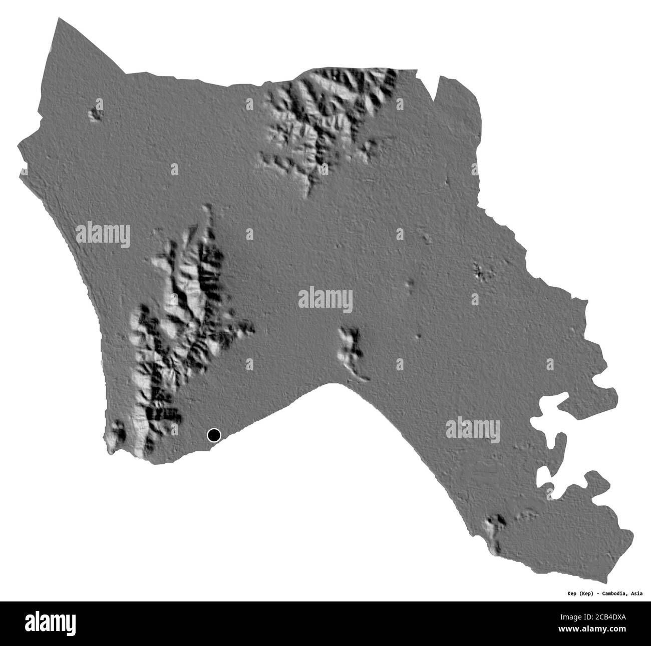 Forme de Kep, province du Cambodge, avec sa capitale isolée sur fond blanc. Carte d'élévation à deux niveaux. Rendu 3D Banque D'Images