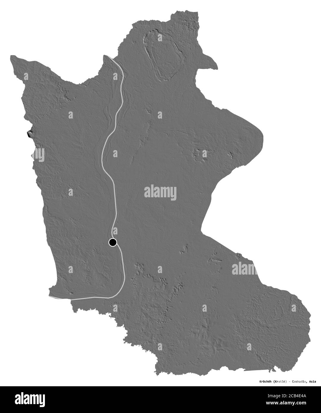 Forme de Krâchéh, province du Cambodge, avec sa capitale isolée sur fond blanc. Carte d'élévation à deux niveaux. Rendu 3D Banque D'Images