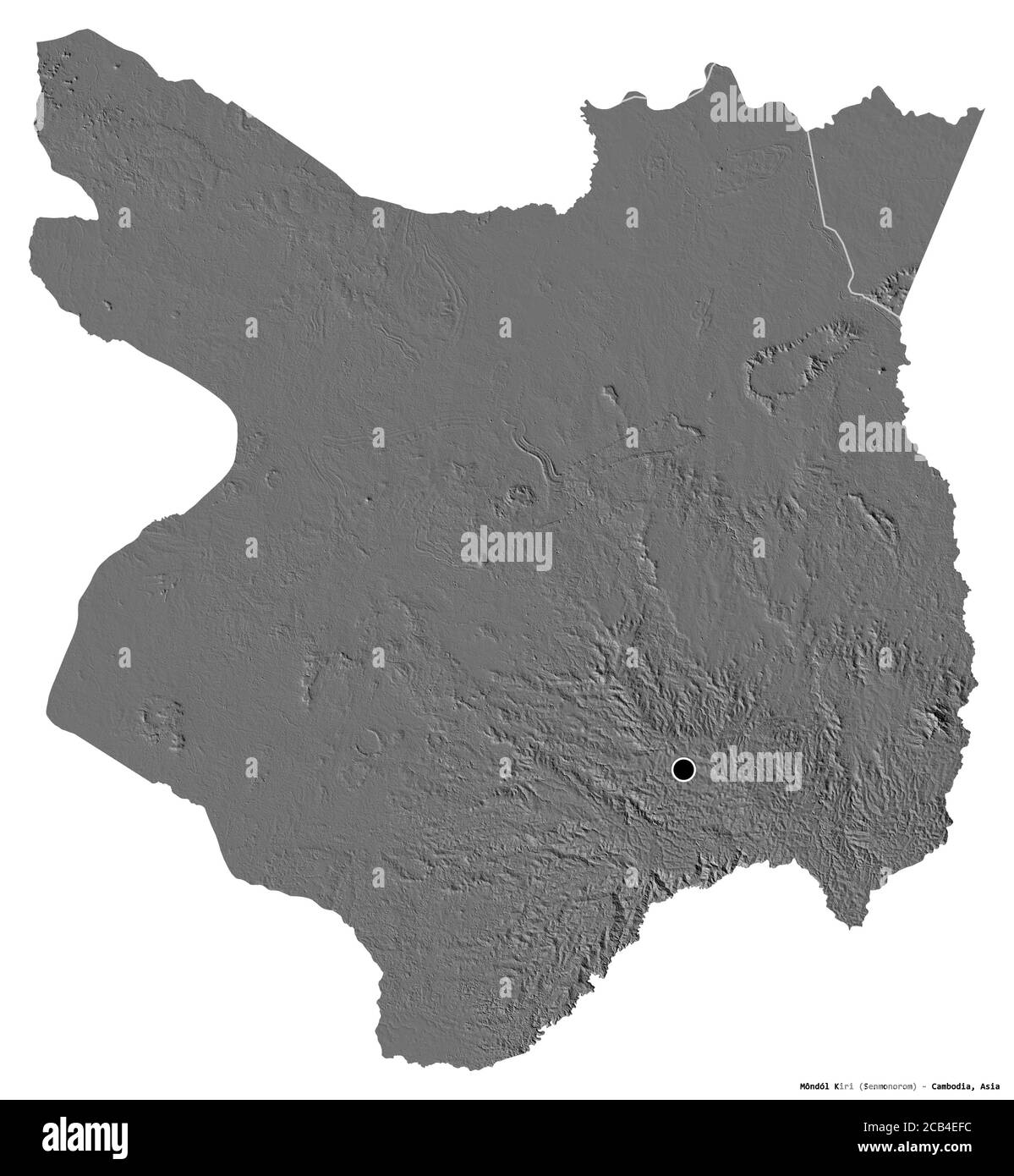 Forme de Môndól Kiri, province du Cambodge, avec sa capitale isolée sur fond blanc. Carte d'élévation à deux niveaux. Rendu 3D Banque D'Images