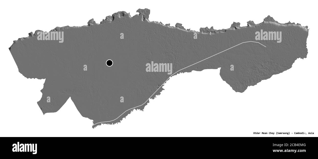 Forme d'Otdar Mean Chey, province du Cambodge, avec sa capitale isolée sur fond blanc. Carte d'élévation à deux niveaux. Rendu 3D Banque D'Images
