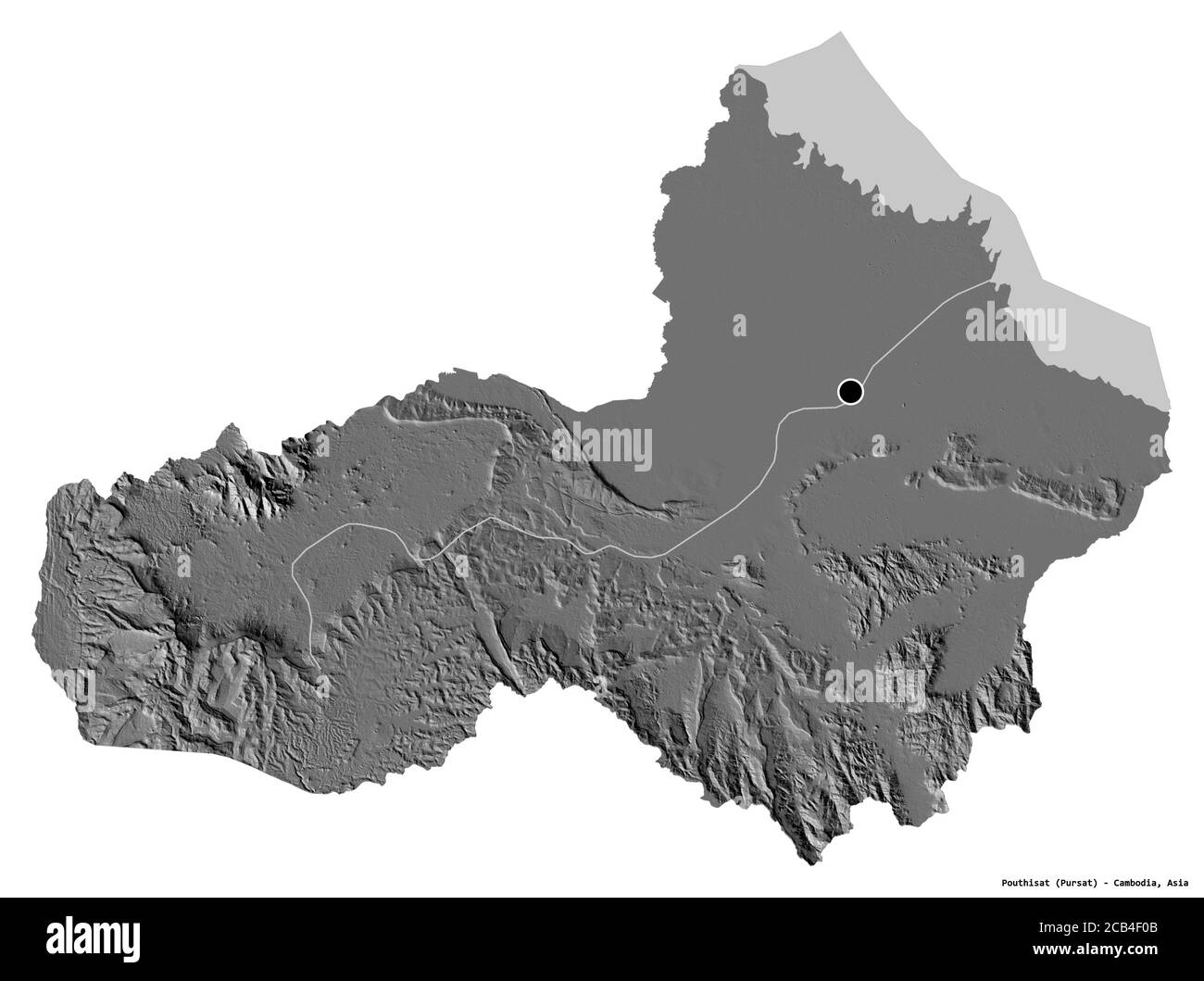 Forme de Pouthisat, province du Cambodge, avec sa capitale isolée sur fond blanc. Carte d'élévation à deux niveaux. Rendu 3D Banque D'Images