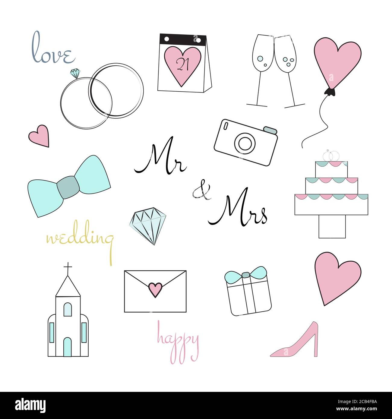 Ensemble d'articles colorés pour mariage. Icônes vectorielles de mariage isolées sur fond blanc Illustration de Vecteur