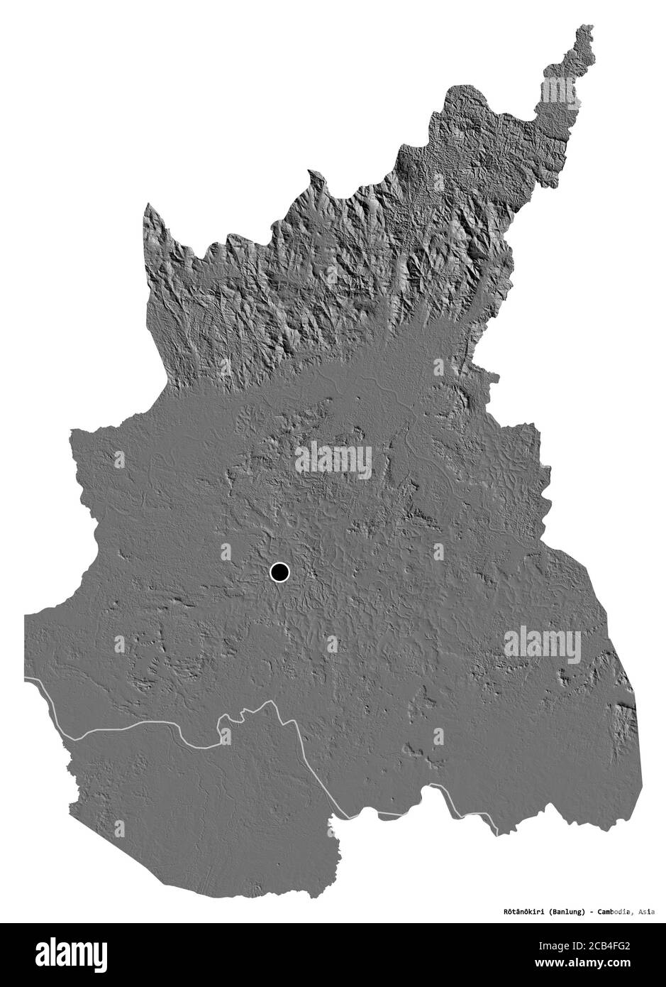 Forme de Rôtaânôkiri, province du Cambodge, avec sa capitale isolée sur fond blanc. Carte d'élévation à deux niveaux. Rendu 3D Banque D'Images
