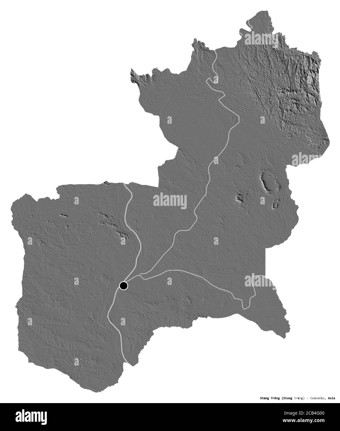 Forme de Stœng Trêng, province du Cambodge, avec sa capitale isolée sur fond blanc. Carte d'élévation à deux niveaux. Rendu 3D Banque D'Images