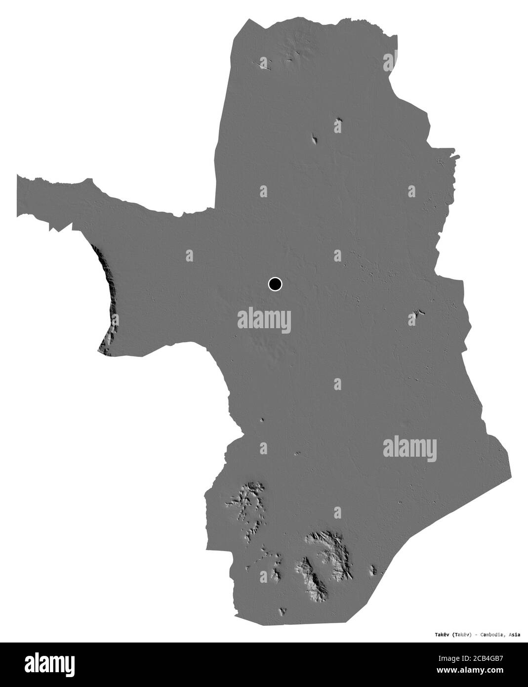 Forme de Takêv, province du Cambodge, avec sa capitale isolée sur fond blanc. Carte d'élévation à deux niveaux. Rendu 3D Banque D'Images