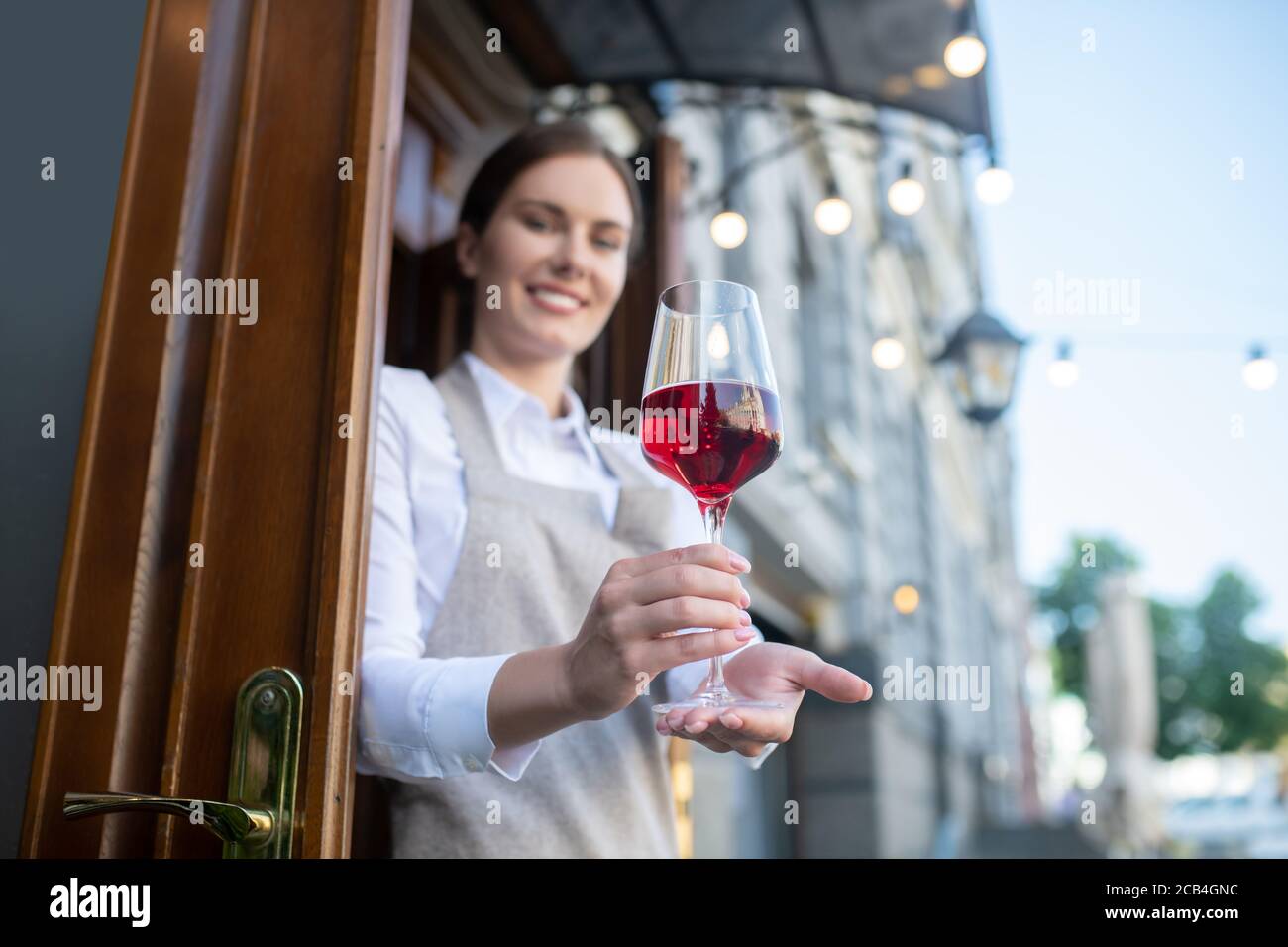 Jolie serveuse souriante sur un tablier gris offrant un verre de vin Banque D'Images