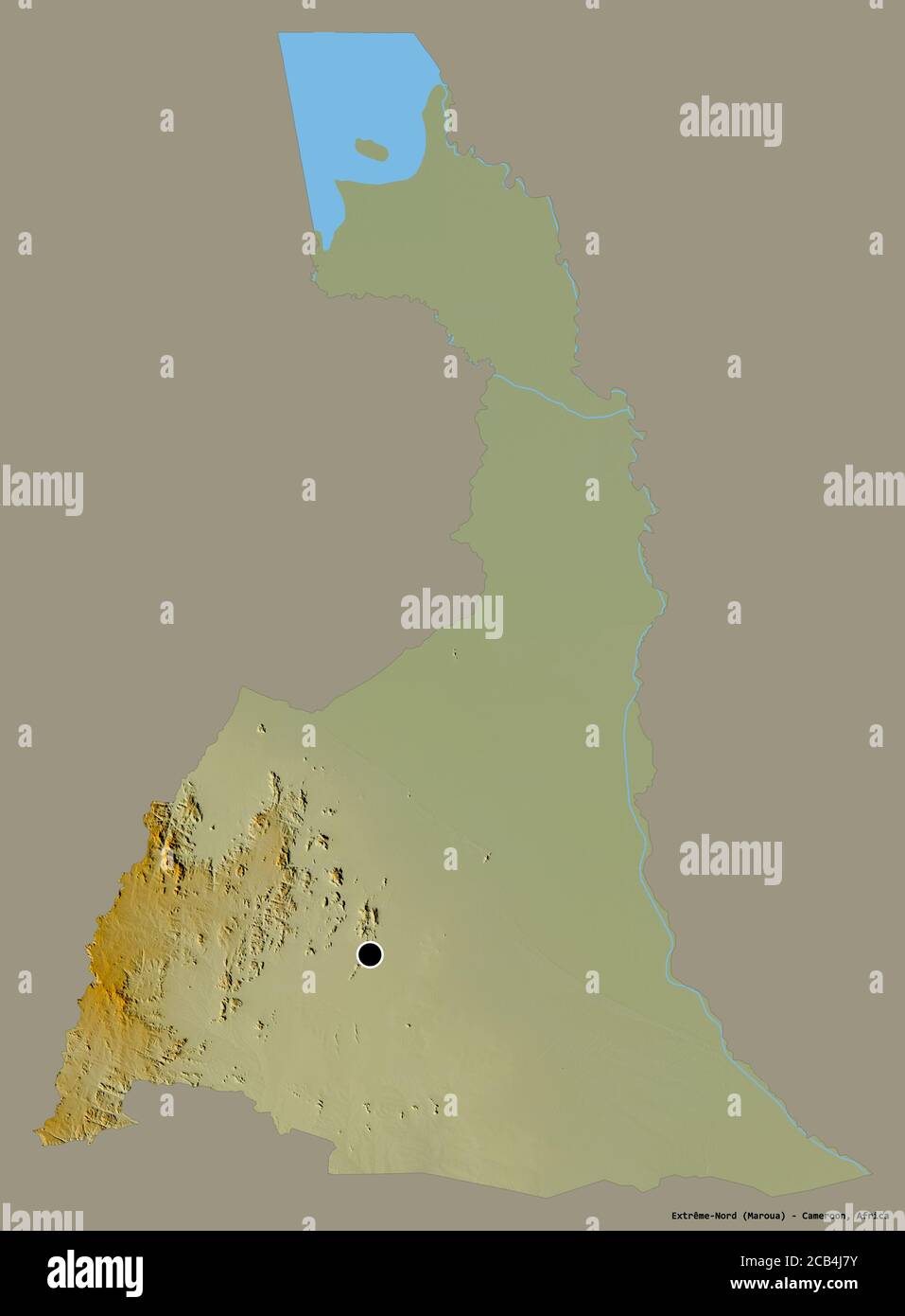 Forme d'Extrême-Nord, région du Cameroun, avec sa capitale isolée sur un fond de couleur unie. Carte topographique de relief. Rendu 3D Banque D'Images