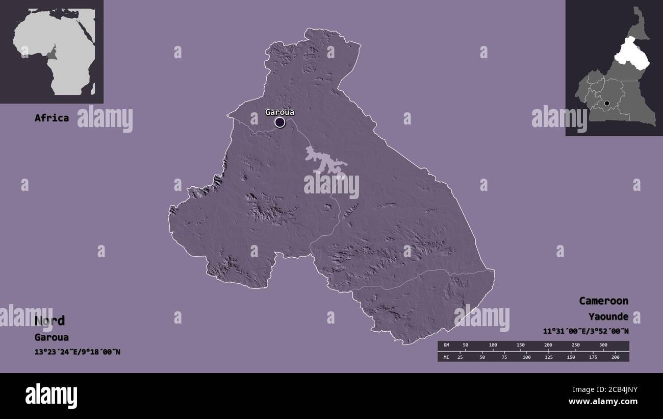 Forme du Nord, région du Cameroun, et sa capitale. Echelle de distance, aperçus et étiquettes. Carte d'altitude en couleur. Rendu 3D Banque D'Images