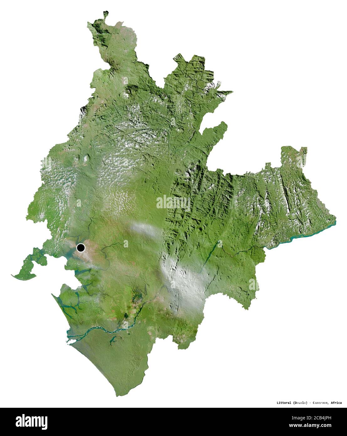 Forme du littoral, région du Cameroun, avec sa capitale isolée sur fond blanc. Imagerie satellite. Rendu 3D Banque D'Images