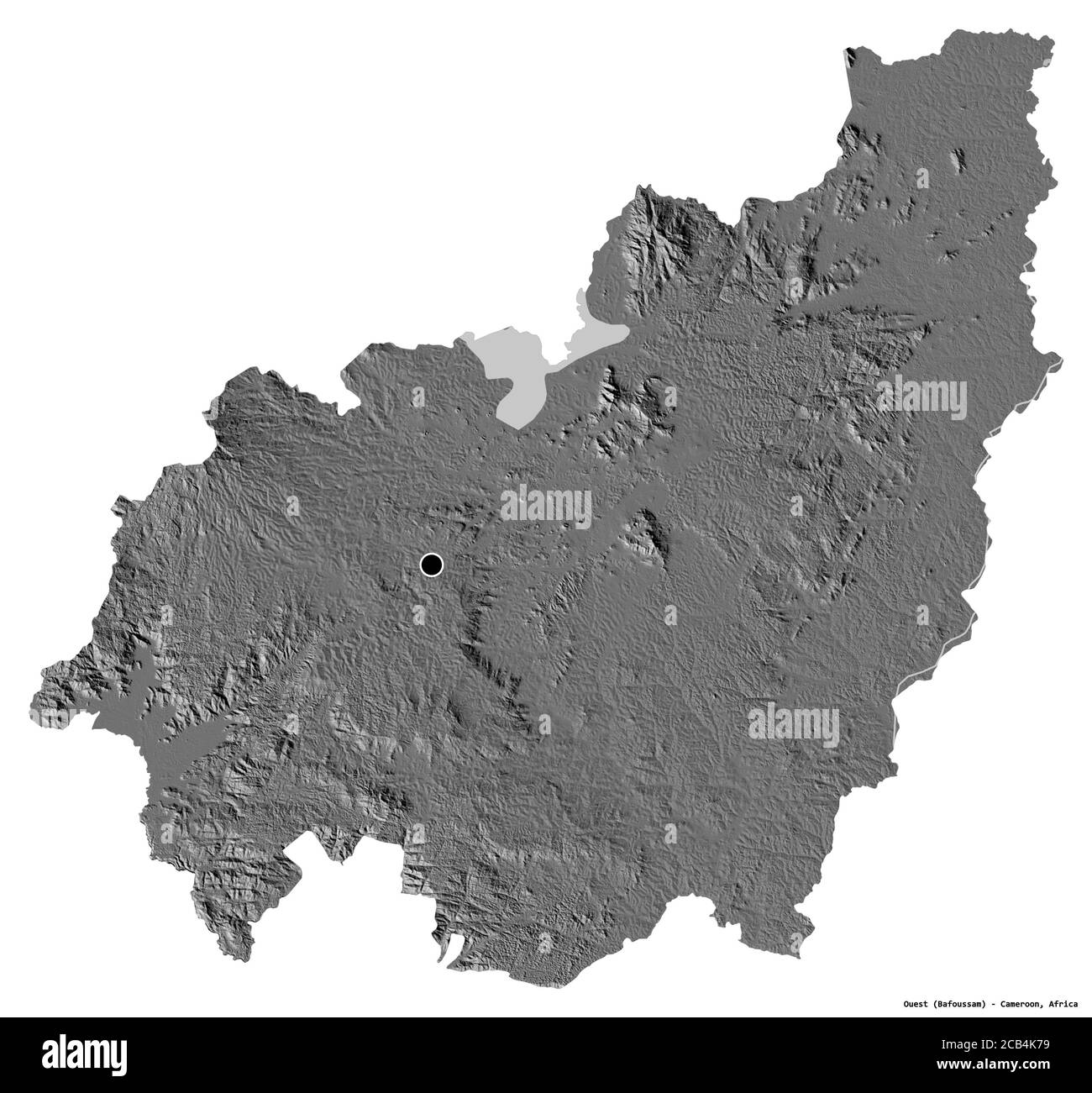 Forme de l'Ouest, région du Cameroun, avec sa capitale isolée sur fond blanc. Carte d'élévation à deux niveaux. Rendu 3D Banque D'Images