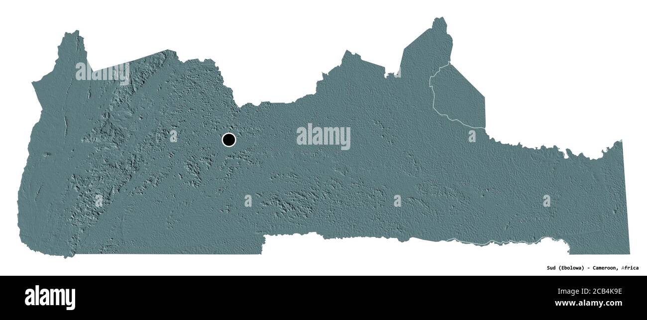 Forme du Sud, région du Cameroun, avec sa capitale isolée sur fond blanc. Carte d'altitude en couleur. Rendu 3D Banque D'Images