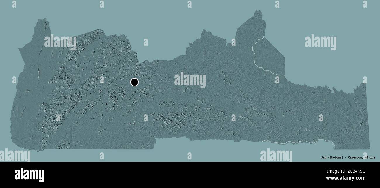 Forme du Sud, région du Cameroun, avec sa capitale isolée sur un fond de couleur unie. Carte d'altitude en couleur. Rendu 3D Banque D'Images
