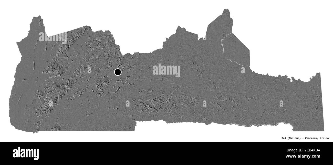 Forme du Sud, région du Cameroun, avec sa capitale isolée sur fond blanc. Carte d'élévation à deux niveaux. Rendu 3D Banque D'Images