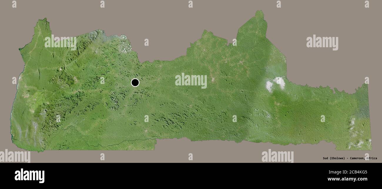 Forme du Sud, région du Cameroun, avec sa capitale isolée sur un fond de couleur unie. Imagerie satellite. Rendu 3D Banque D'Images