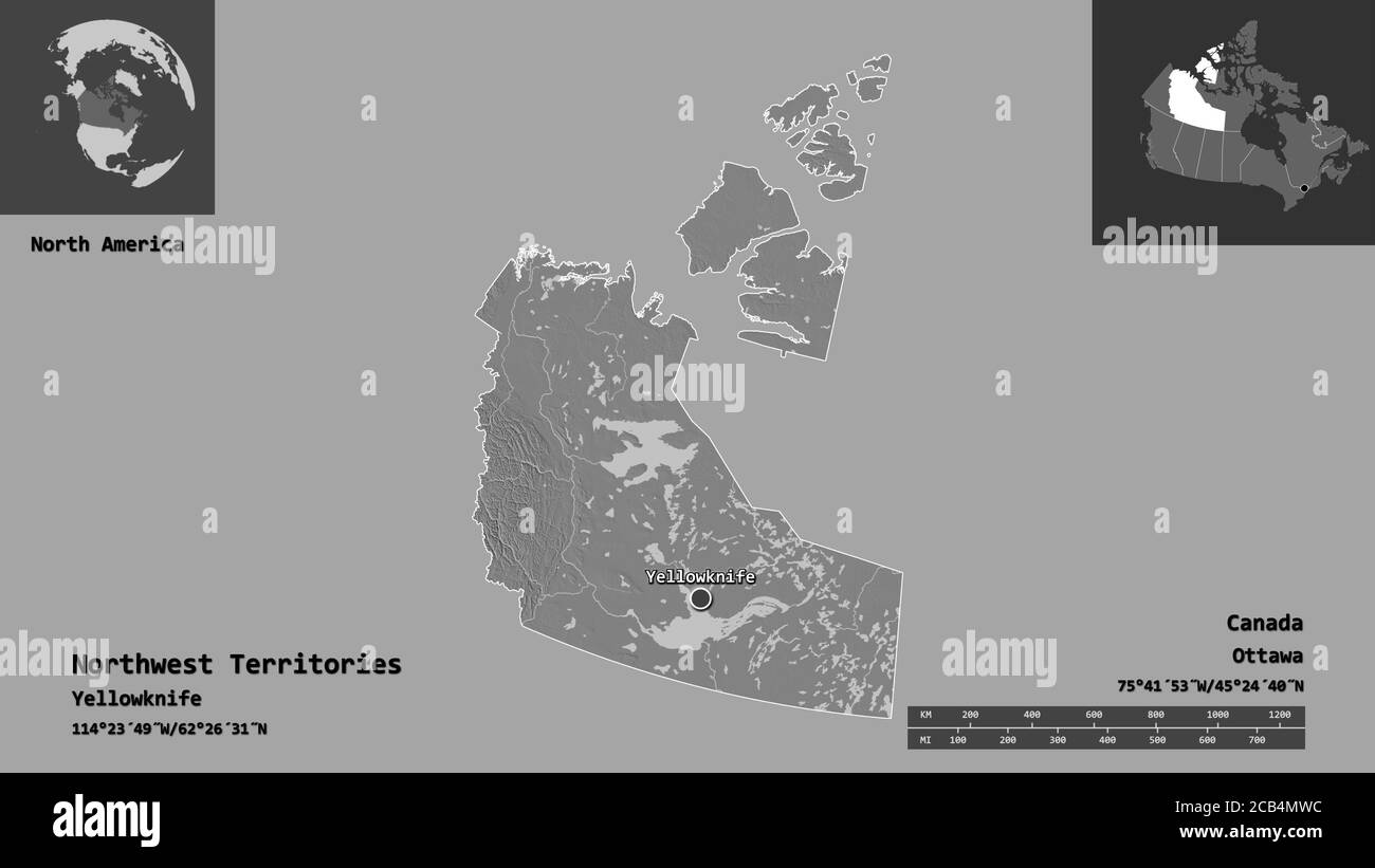 La forme des Territoires du Nord-Ouest, le territoire du Canada et sa capitale. Echelle de distance, aperçus et étiquettes. Carte d'élévation à deux niveaux. Rendu 3D Banque D'Images