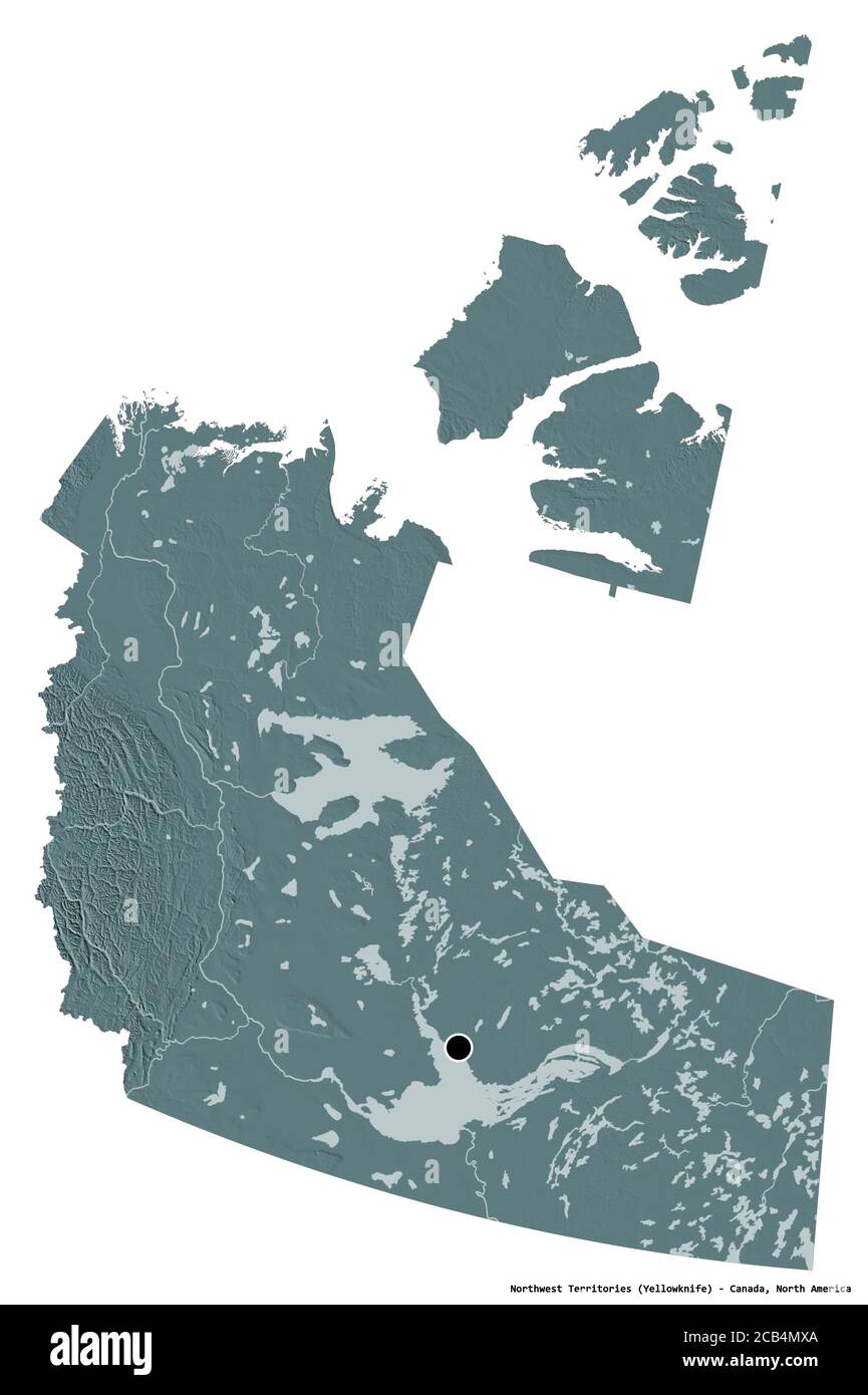 Forme des Territoires du Nord-Ouest, territoire du Canada, avec sa capitale isolée sur fond blanc. Carte d'altitude en couleur. Rendu 3D Banque D'Images