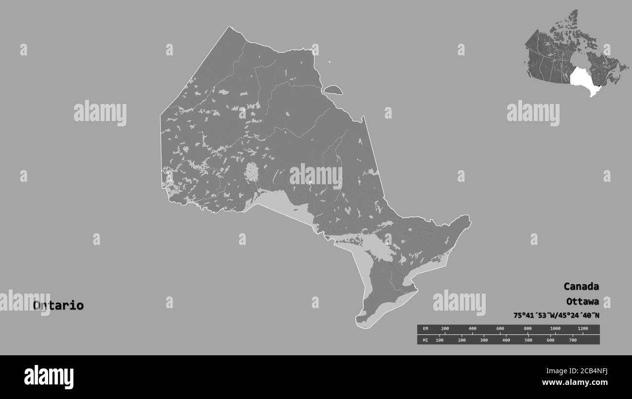 Forme de l'Ontario, province du Canada, avec sa capitale isolée sur fond solide. Échelle de distance, aperçu de la région et libellés. Carte d'élévation à deux niveaux. Banque D'Images