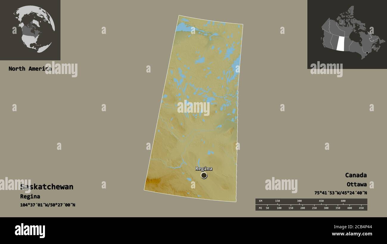 La forme de la Saskatchewan, la province du Canada et sa capitale. Echelle de distance, aperçus et étiquettes. Carte topographique de relief. Rendu 3D Banque D'Images
