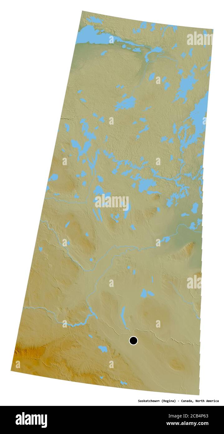 Forme de la Saskatchewan, province du Canada, avec sa capitale isolée sur fond blanc. Carte topographique de relief. Rendu 3D Banque D'Images