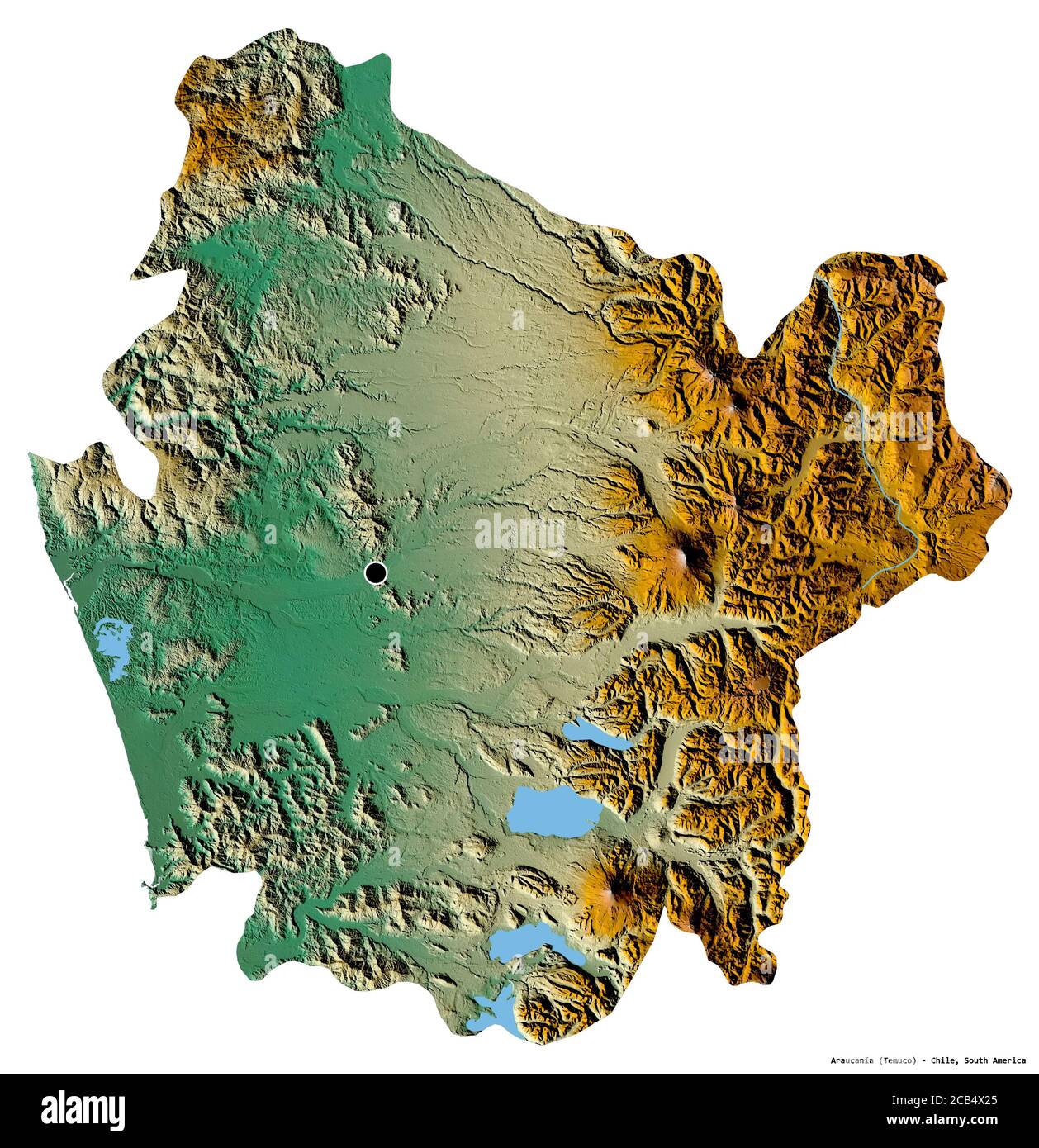 Forme de l'Araucanía, région du Chili, avec sa capitale isolée sur fond blanc. Carte topographique de relief. Rendu 3D Banque D'Images