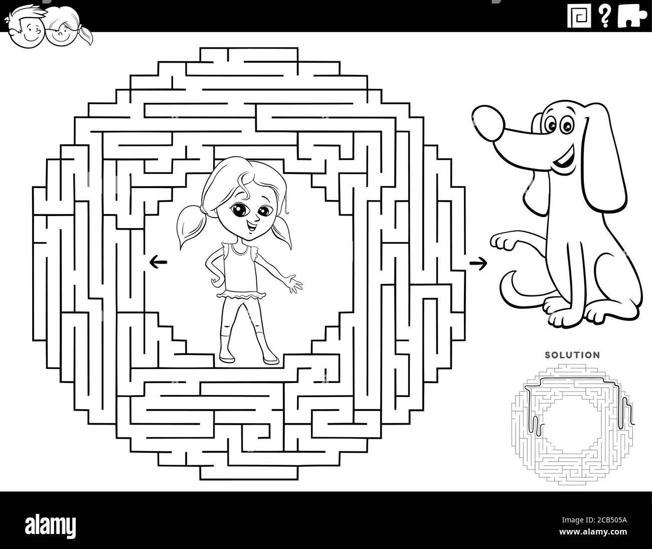 Dessin-modèle noir et blanc Illustration du jeu de Puzzle Maze éducatif Pour les enfants avec le personnage de fille et le livre de coloriage de chien de chiot Page Illustration de Vecteur