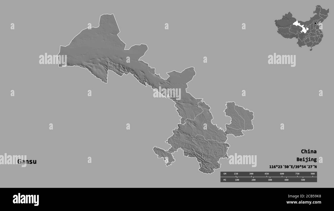Forme de Gansu, province de Chine, avec sa capitale isolée sur fond solide. Échelle de distance, aperçu de la région et libellés. Carte d'élévation à deux niveaux. 3D Banque D'Images
