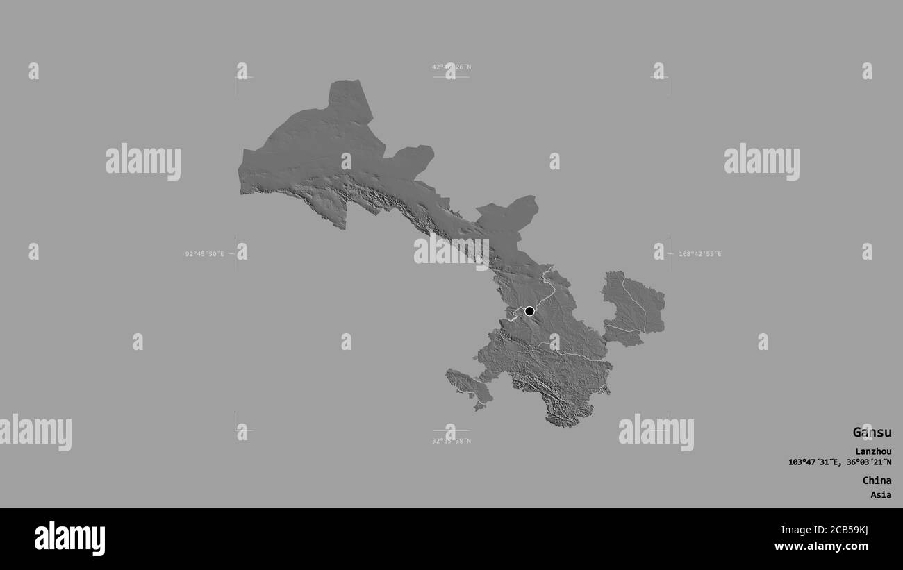 Région de Gansu, province de Chine, isolée sur un fond solide dans une boîte englobante géoréférencée. Étiquettes. Carte d'élévation à deux niveaux. Rendu 3D Banque D'Images