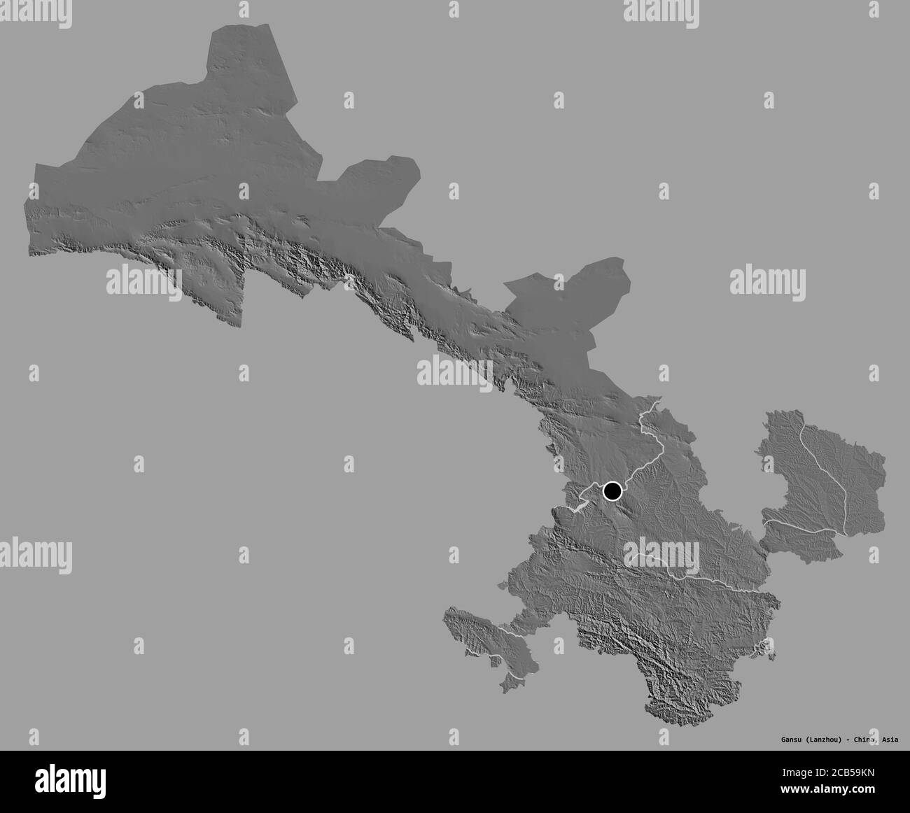 Forme de Gansu, province de Chine, avec sa capitale isolée sur un fond de couleur unie. Carte d'élévation à deux niveaux. Rendu 3D Banque D'Images