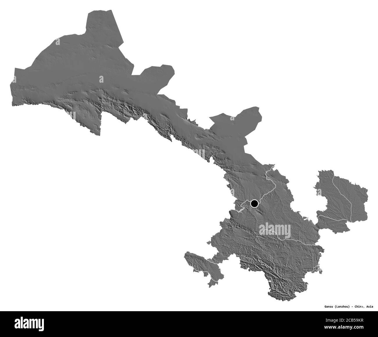 Forme de Gansu, province de Chine, avec sa capitale isolée sur fond blanc. Carte d'élévation à deux niveaux. Rendu 3D Banque D'Images