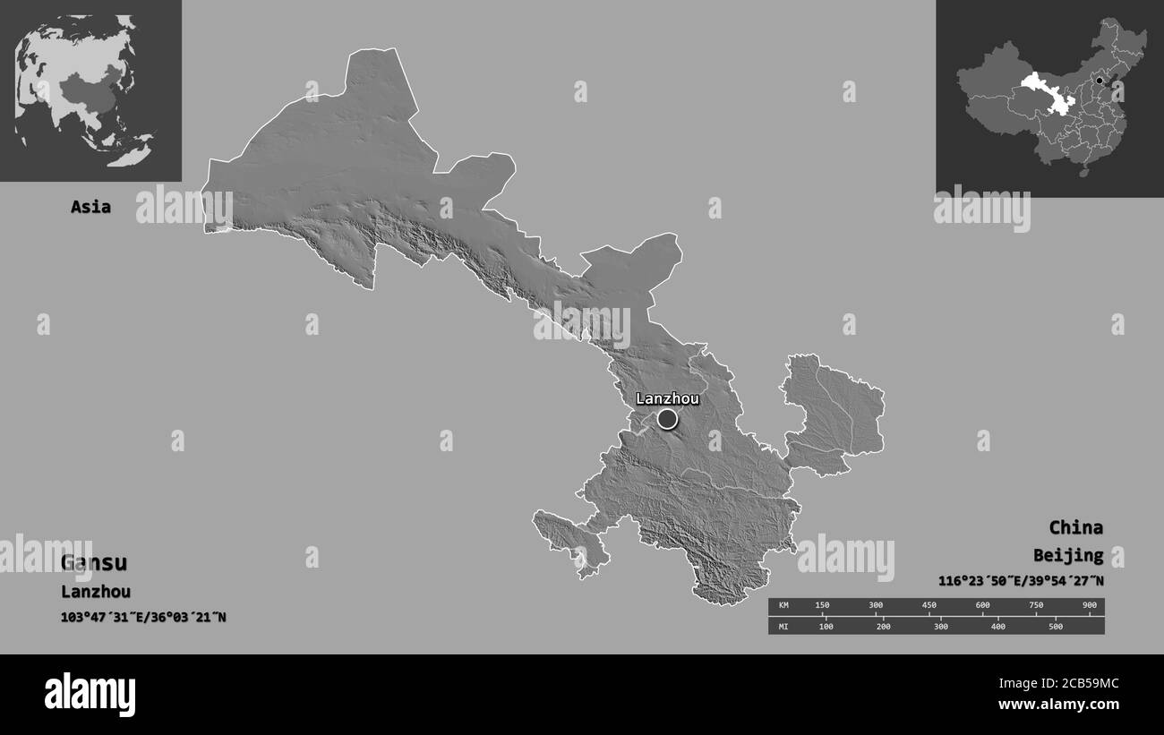Forme du Gansu, province de Chine, et sa capitale. Echelle de distance, aperçus et étiquettes. Carte d'élévation à deux niveaux. Rendu 3D Banque D'Images