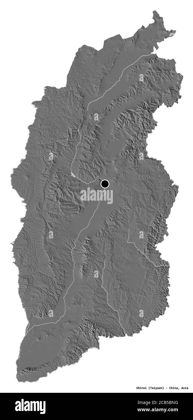 Forme du Shanxi, province de Chine, avec sa capitale isolée sur fond blanc. Carte d'élévation à deux niveaux. Rendu 3D Banque D'Images