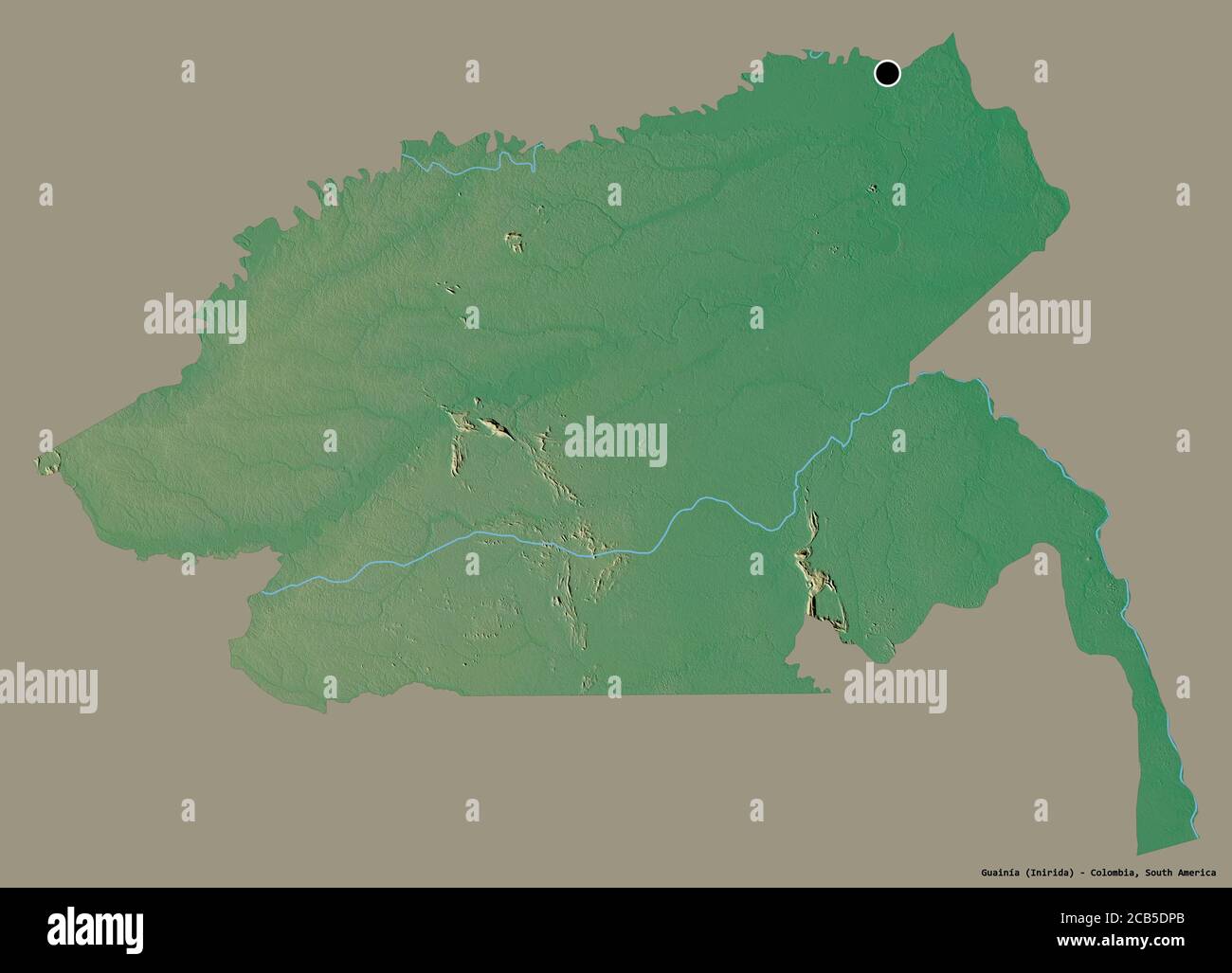 Forme de Guainía, commissiaire de Colombie, avec sa capitale isolée sur un fond de couleur unie. Carte topographique de relief. Rendu 3D Banque D'Images