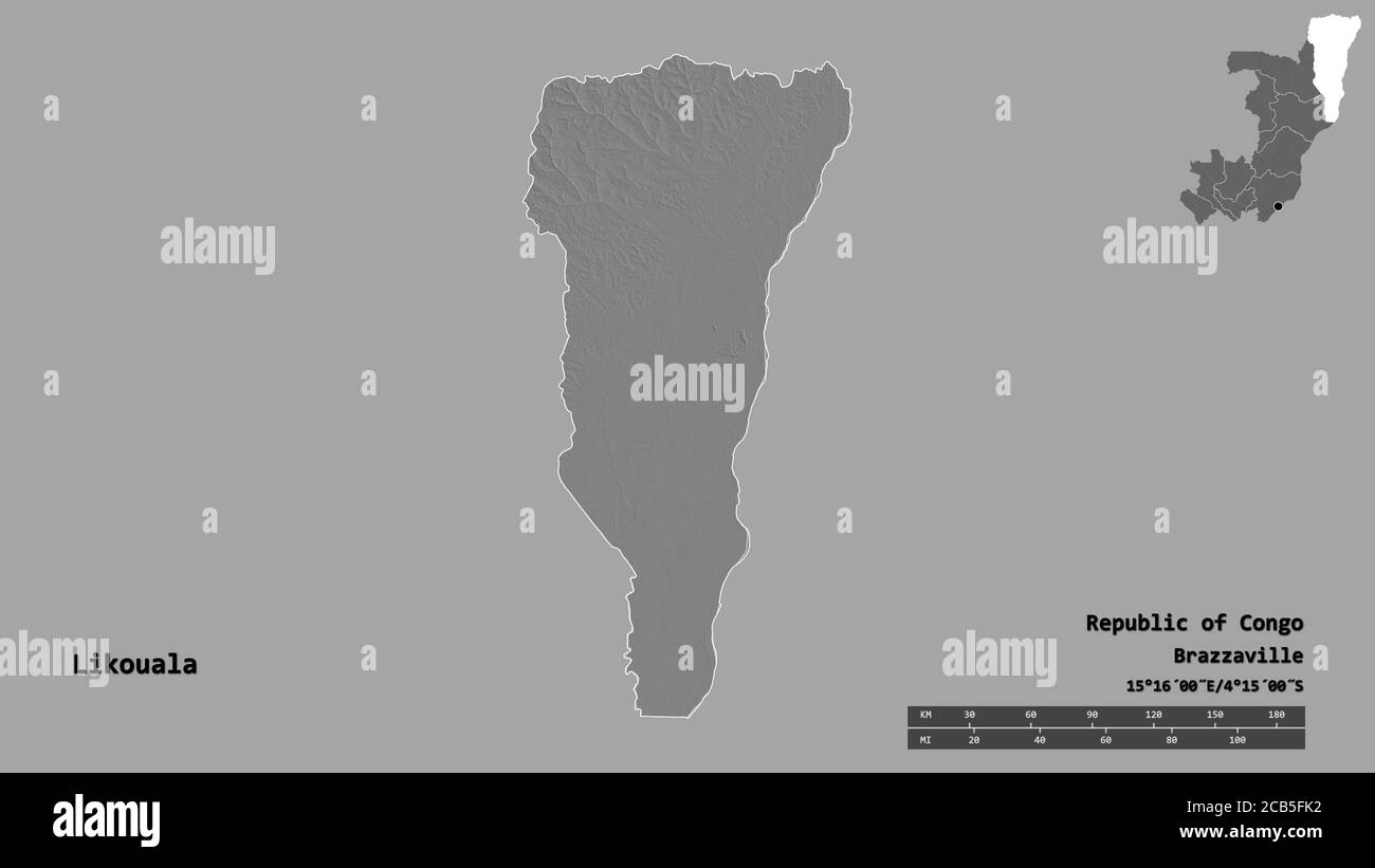 Forme du Likouala, région de la République du Congo, avec sa capitale isolée sur fond solide. Échelle de distance, aperçu de la région et libellés. Elev. BiLevel Banque D'Images