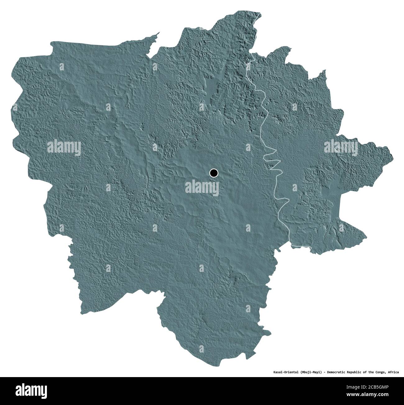 Forme du Kasaï Oriental, province de la République démocratique du Congo, avec sa capitale isolée sur fond blanc. Carte d'altitude en couleur. Rendu 3D Banque D'Images