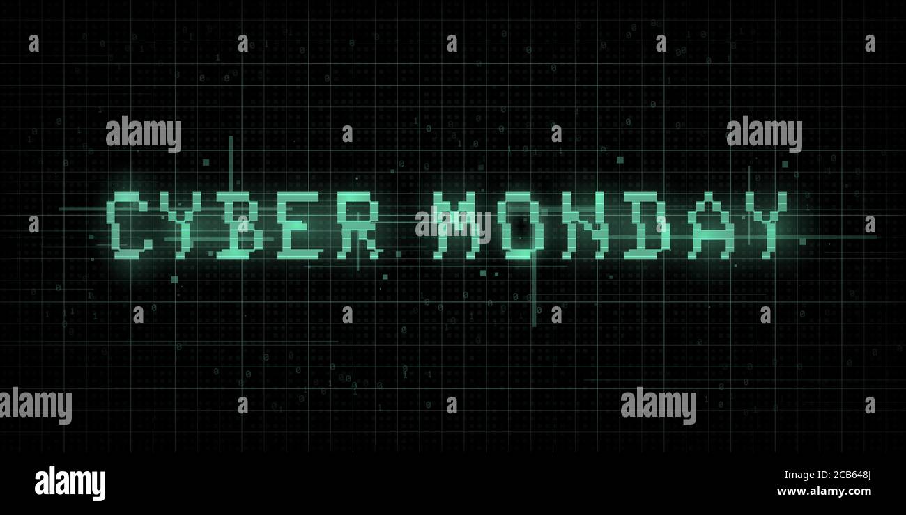 Bannière Cyber monday. Effet Glitch, VHS, cyber style rétro, typographie pixel 8 bits sur fond sombre avec code binaire. Conception pour bannière, couverture, Web Illustration de Vecteur
