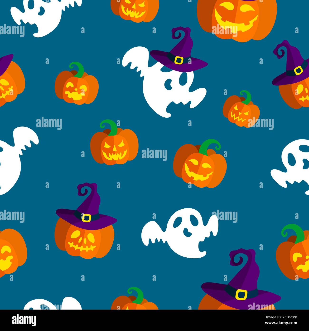 Motif sans couture avec fantômes effrayants et citrouilles sculptées illuminées pour Halloween. Illustration vectorielle sur fond bleu. Illustration vectorielle Illustration de Vecteur
